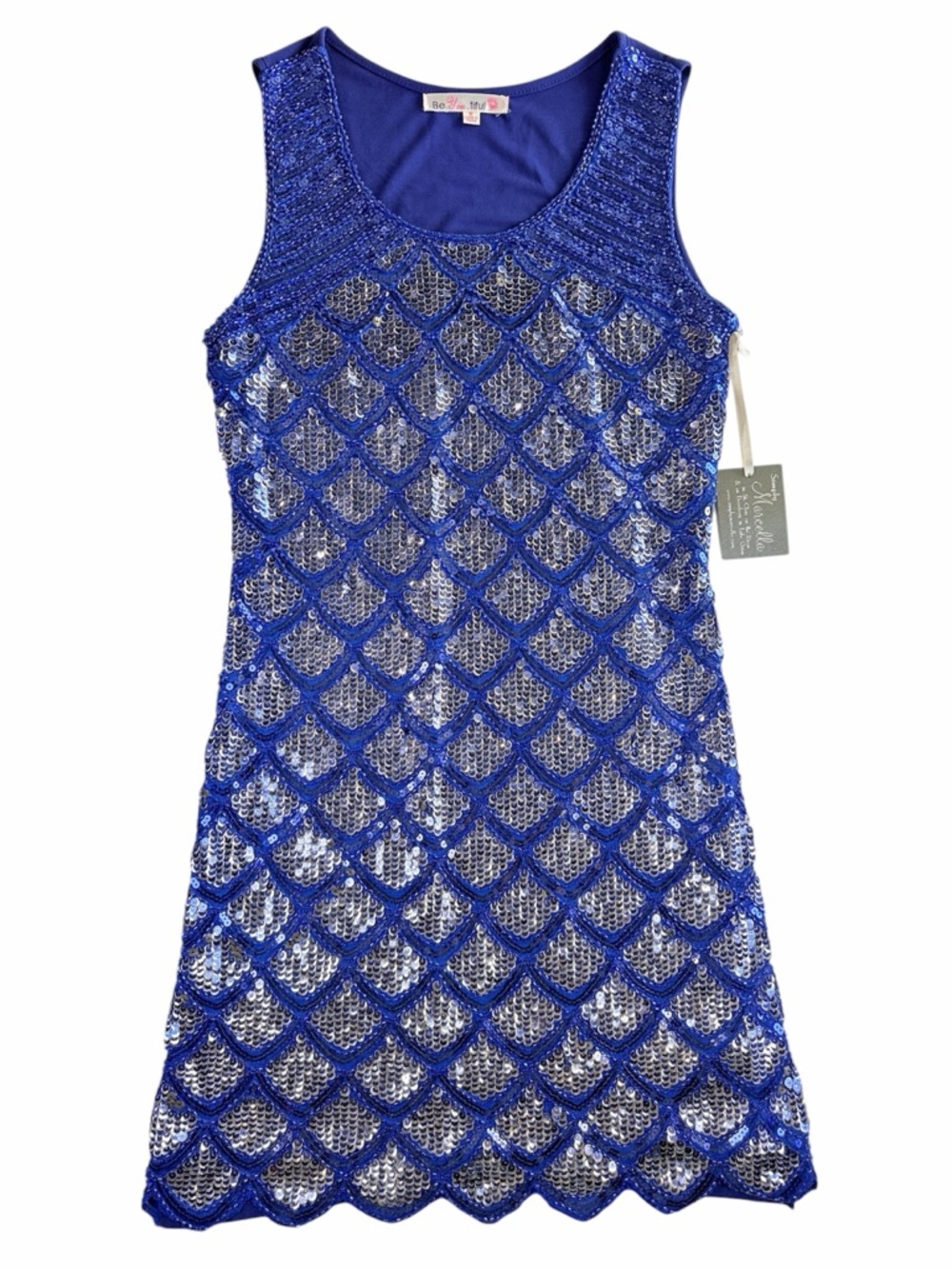 BeYoutiful Royal Blue Silver Sequin Mermaid Scale Mini Dress New w/Imperfections